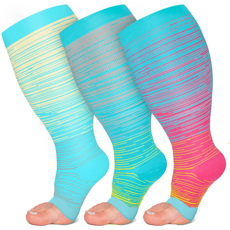 Plus Size Color Stripes Open Toe Compression Socks(3 Pairs) - image 2