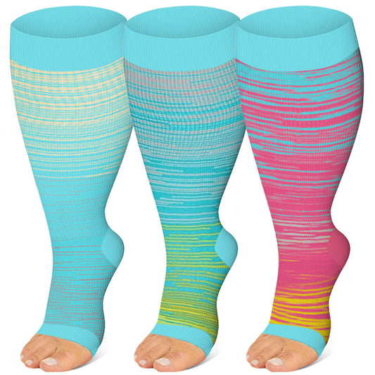 Plus Size Color Stripes Open Toe Compression Socks(3 Pairs) - Multicolor - 4XL - image 0
