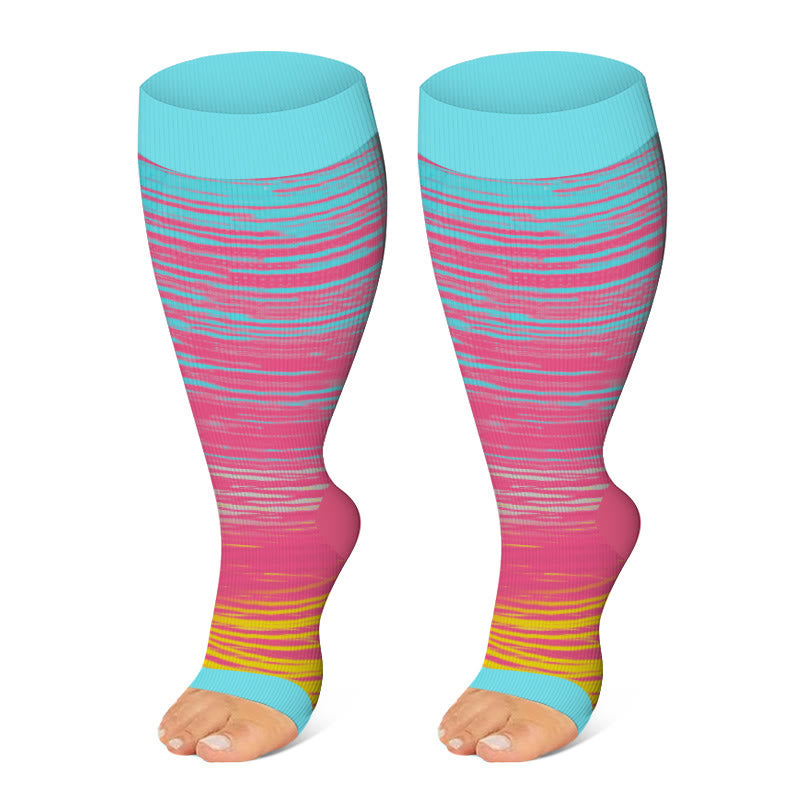 Plus Size Color Stripes Open Toe Compression Socks(3 Pairs) - Pink - 4XL - image 3