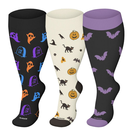Plus Size Ghost Pumpkin Bat Compression Socks(3 Pairs)