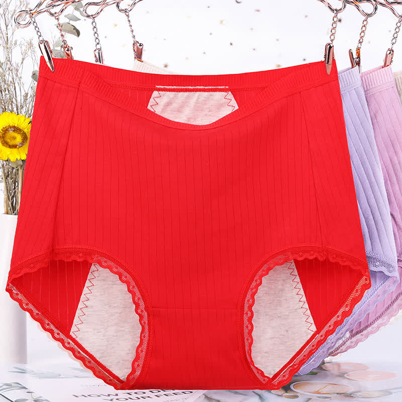 Solid Color Cotton High Waist Period Brief(3 Packs) - Red - 6XL - image 0