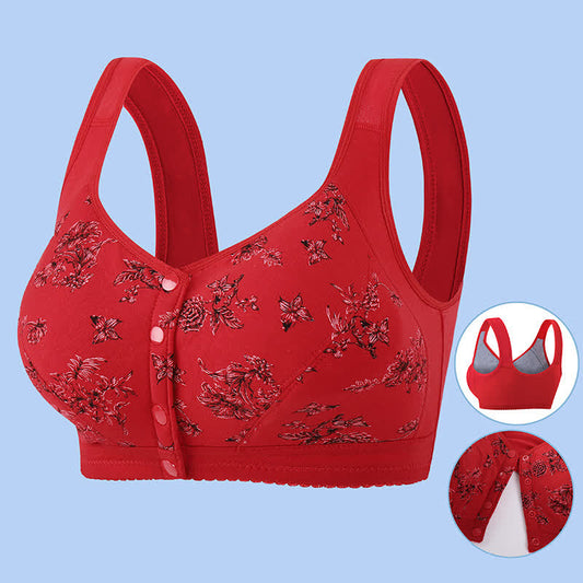 Butterfly Flower Printed Front Closure Wireless Bra - Red - 5XL - image 1