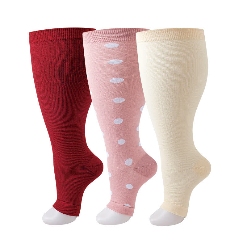 Plus Size Polka Dots Open Toe Compression Socks(3 Pairs) - Multicolor - 4XL - image 0