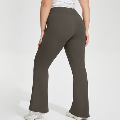 Solid Color Stretchy Yoga Flare Pants - Brown - 4XL - image 9