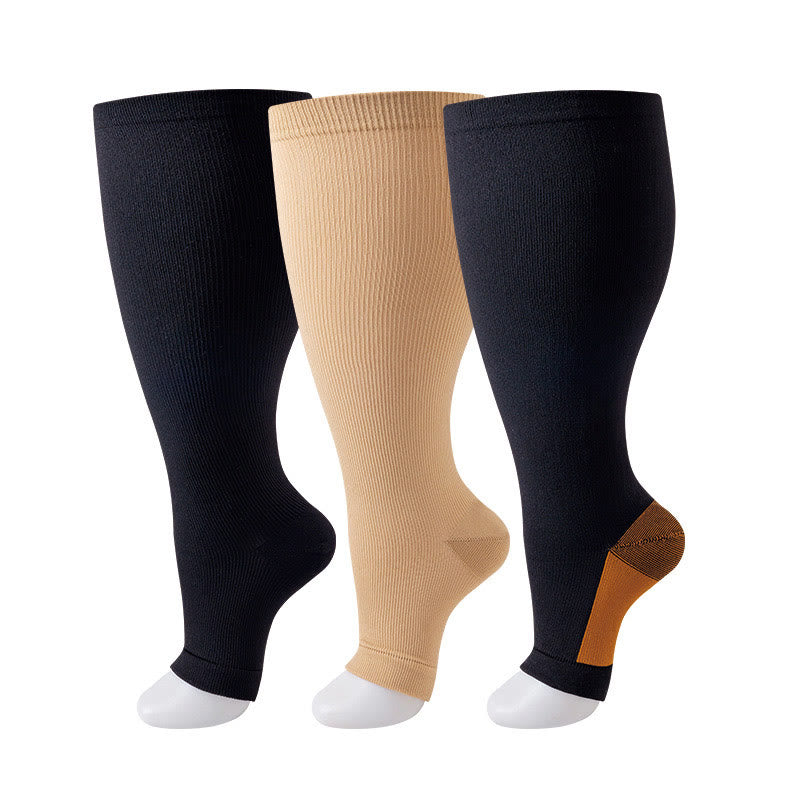 Plus Size Solid Color Open Toe Compression Socks(3 Pairs) - Multicolor - 4XL - image 1