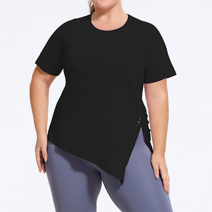 Plus Size Split Hem Yoga Workout Short Sleeve Top - Black - 4XL - image 5
