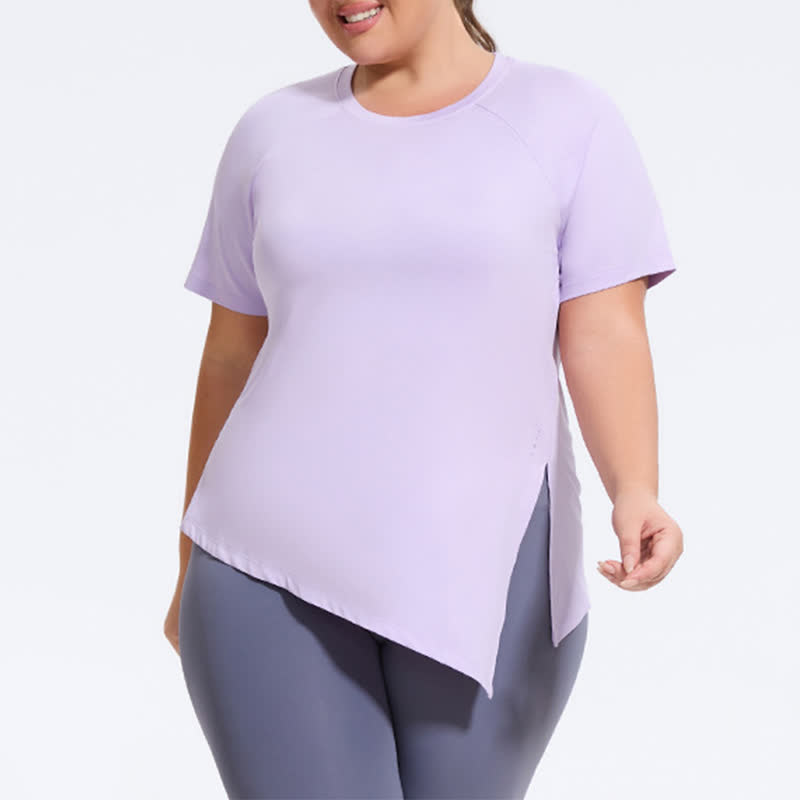 Plus Size Split Hem Yoga Workout Short Sleeve Top - Purple - 4XL - image 0