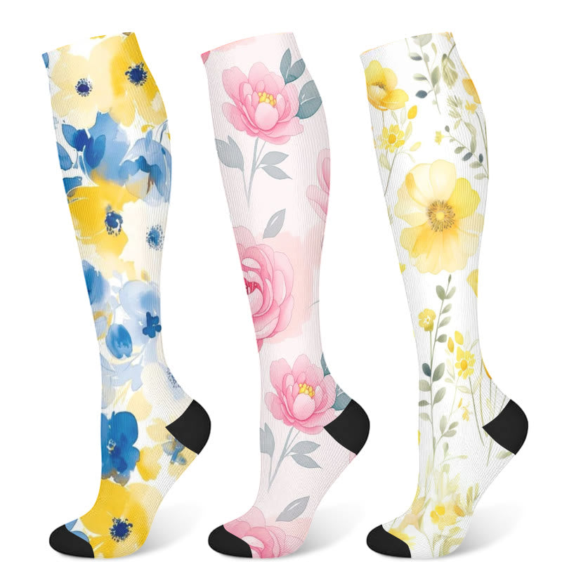 Yellow Pink Blooming Flower Compression Socks(3 Pairs) - Multicolor - S/M - image 5