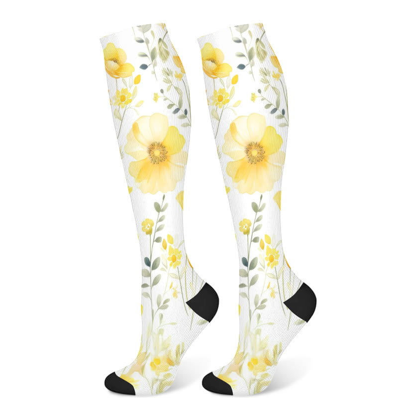 Yellow Pink Blooming Flower Compression Socks(3 Pairs) - Yellow(1 Pair) - S/M - image 6