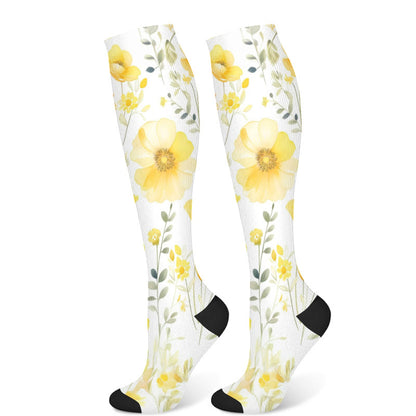 Yellow Pink Blooming Flower Compression Socks(3 Pairs) - Yellow(1 Pair) - S/M - image 6