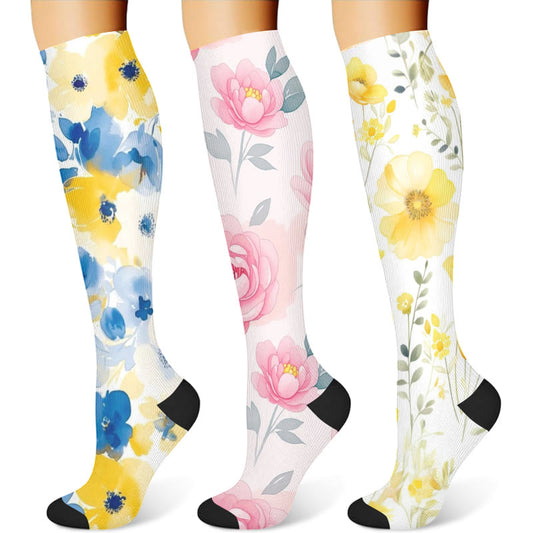 Yellow Pink Blooming Flower Compression Socks(3 Pairs) - image 1