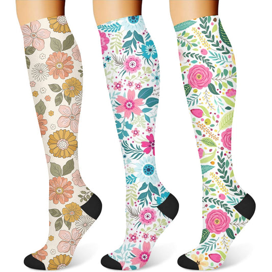 Vibrant Flowers Compression Socks(3 Pairs) - Multicolor - S/M - image 1