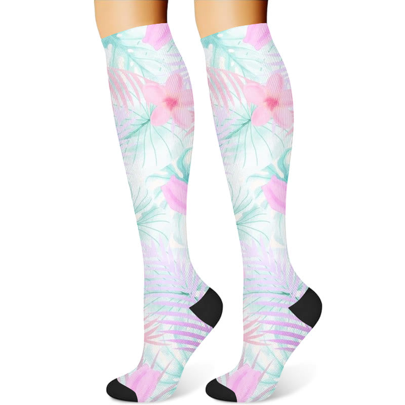Flowers Leaves Compression Socks(3 Pairs) - Light Green(1 Pair) - S/M - image 2