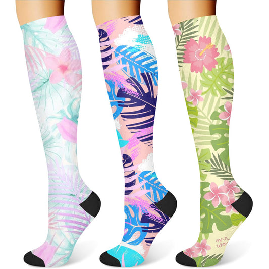 Flowers Leaves Compression Socks(3 Pairs) - Multicolor - S/M - image 1