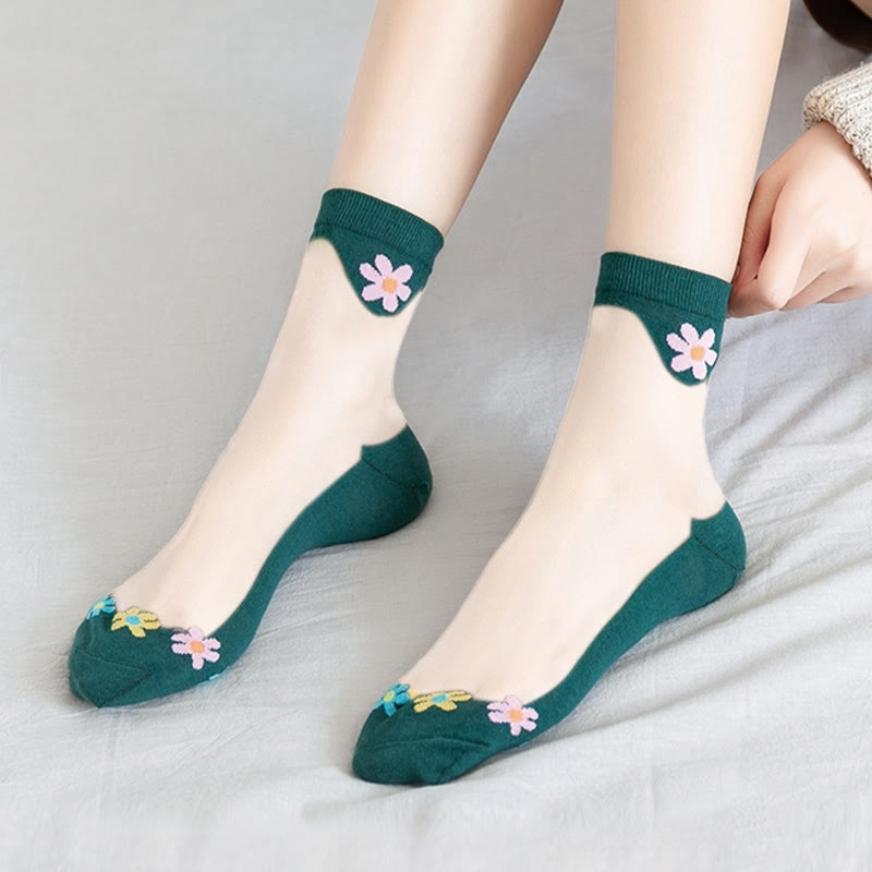 Flower Ice Silk Quarter Socks(9 Pairs) - Dark Green - EU36-40(US3-7) - image 14