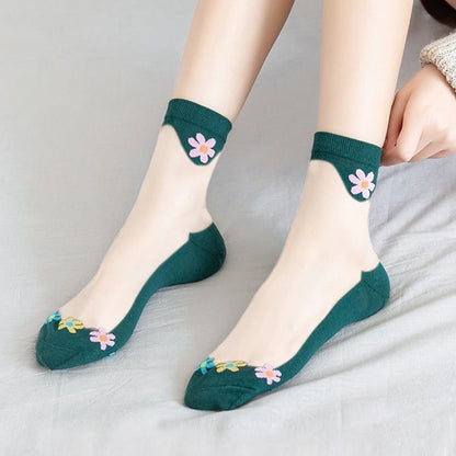 Flower Ice Silk Quarter Socks(9 Pairs) - Dark Green - EU36-40(US3-7) - image 14