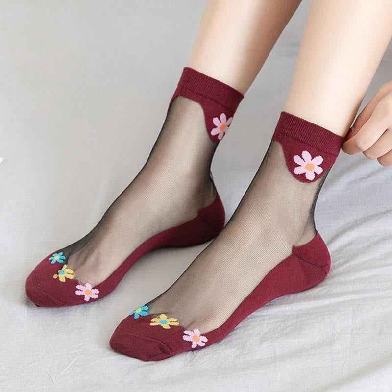 Flower Ice Silk Quarter Socks(9 Pairs) - Red - EU36-40(US3-7) - image 8