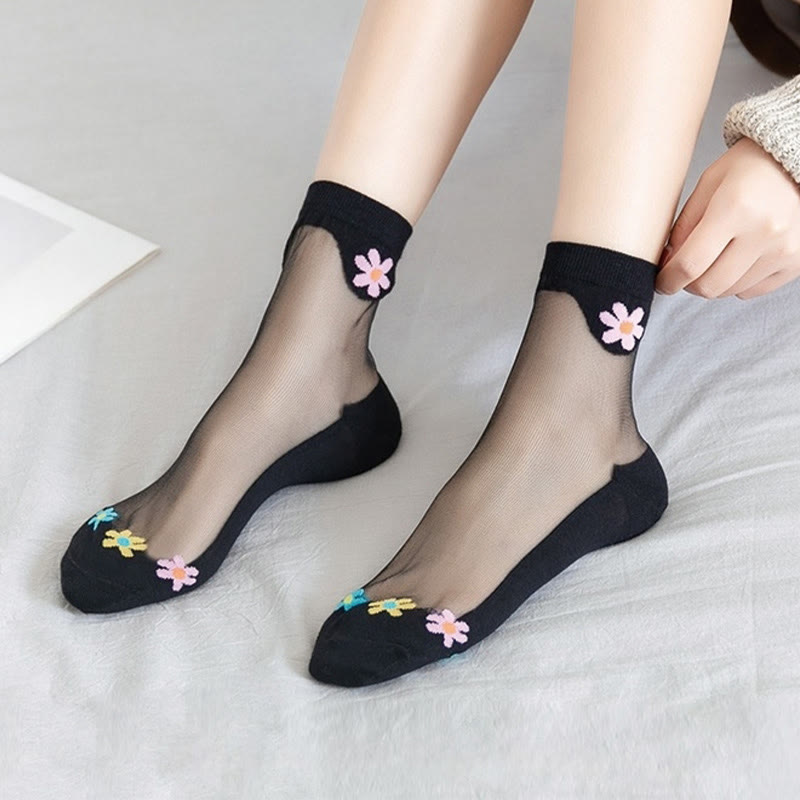 Flower Ice Silk Quarter Socks(9 Pairs) - Black - EU36-40(US3-7) - image 2
