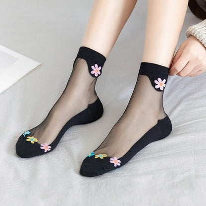 Flower Ice Silk Quarter Socks(9 Pairs) - Black - EU36-40(US3-7) - image 2