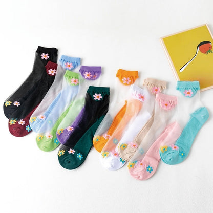 Flower Ice Silk Quarter Socks(9 Pairs) - Multicolor - EU36-40(US3-7) - image 15