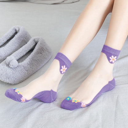 Flower Ice Silk Quarter Socks(9 Pairs) - Purple - EU36-40(US3-7) - image 12
