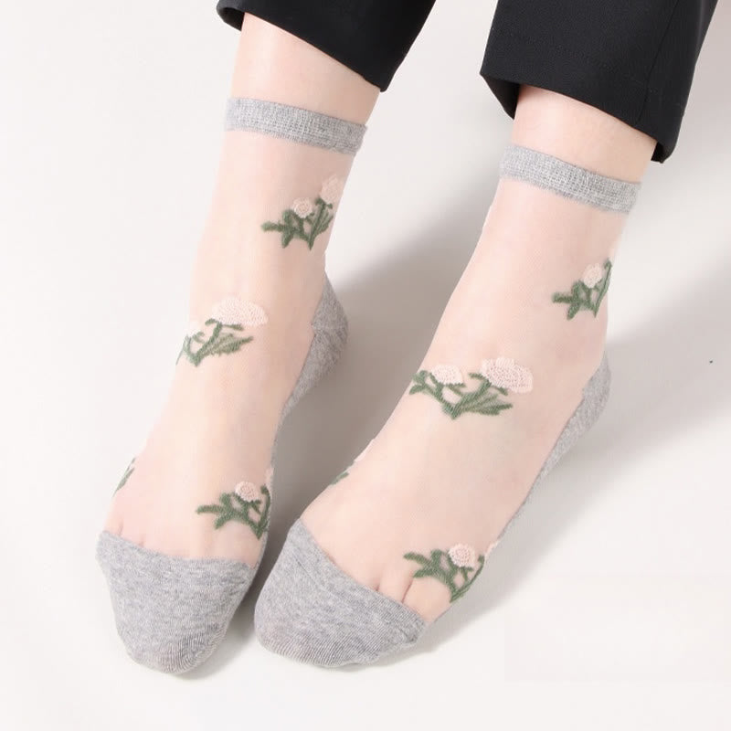 Elegant Flowers Quarter Socks(5 Pairs) - Grey - EU36-40(US3-7) - image 13