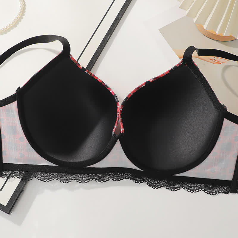 Plaid Heart Pattern Gathering Underwire Bra - image 3