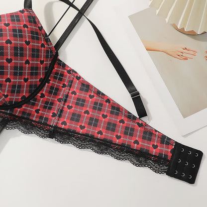 Plaid Heart Pattern Gathering Underwire Bra - image 4