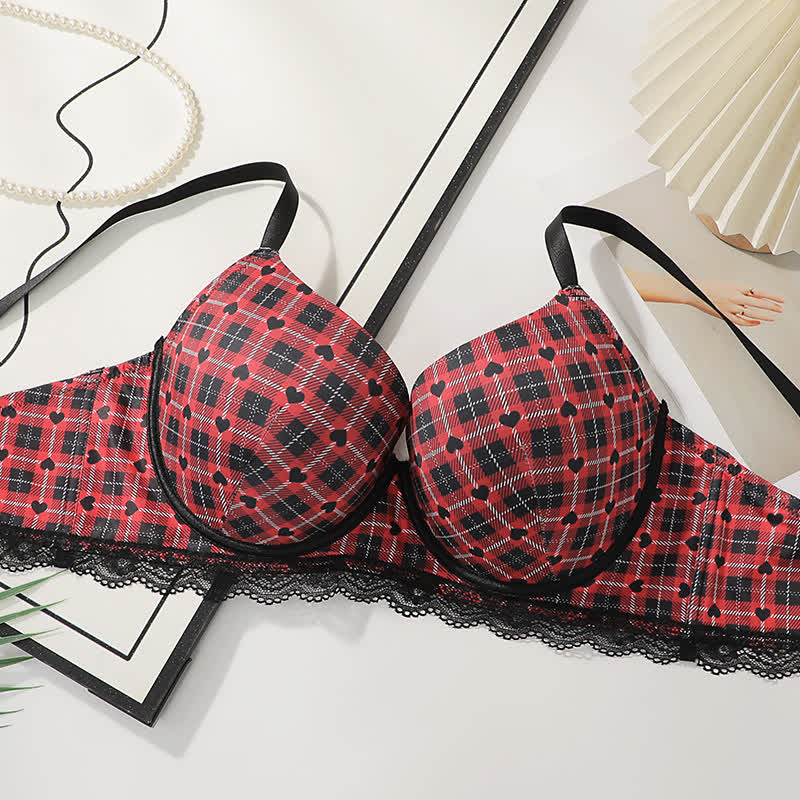 Plaid Heart Pattern Gathering Underwire Bra - image 1