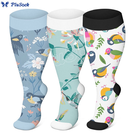 Plus Size Breezy Flower Bird Compression Socks(3 Pairs) - image 0