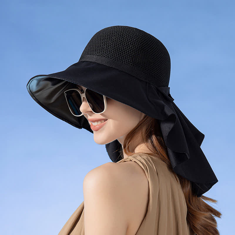 Wide-Brim Breathable Bow-Detail Sun Bucket Hat - Black - One Size - image 14