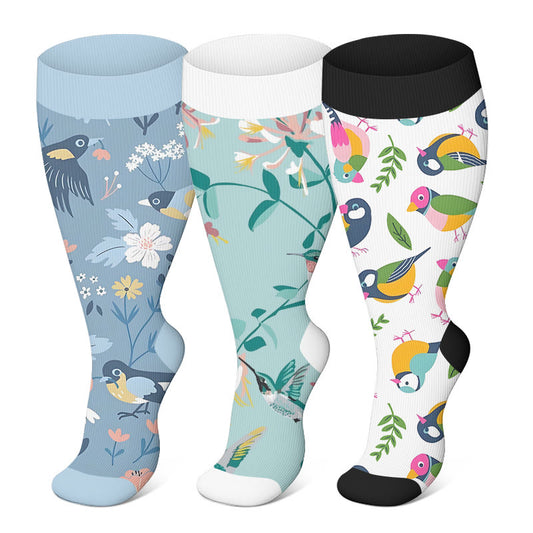 Plus Size Breezy Flower Bird Compression Socks(3 Pairs) - image 1