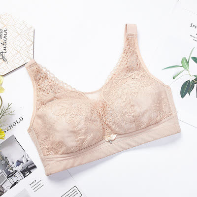 Lightweight Floral Embroidery Wireless Bra - Nude - 44 - D - image 7