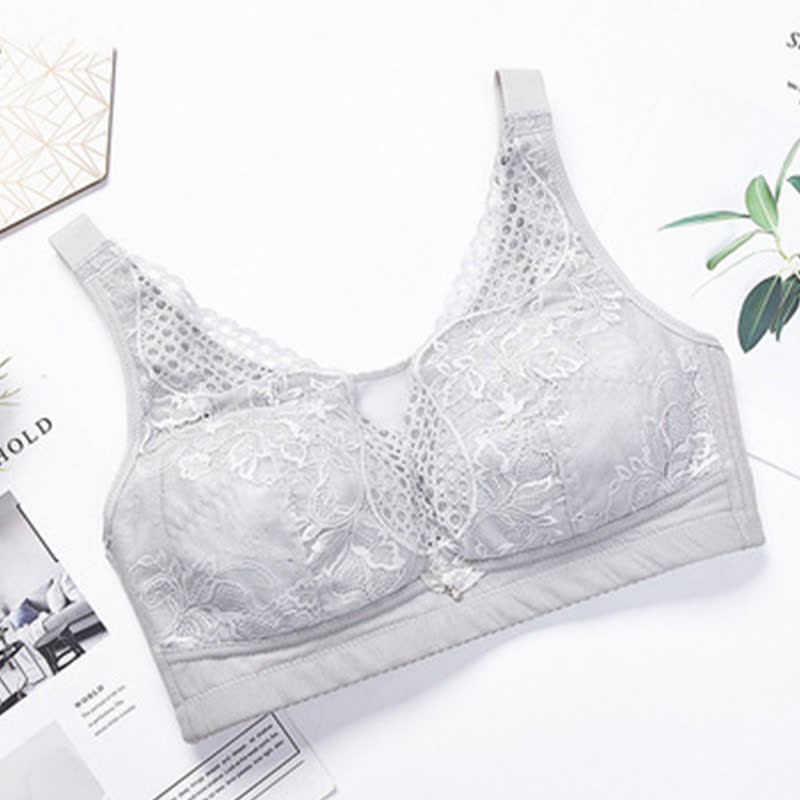 Lightweight Floral Embroidery Wireless Bra - Silver - 44 - D - image 5
