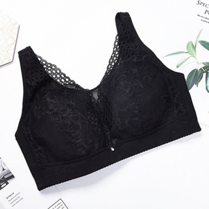 Lightweight Floral Embroidery Wireless Bra - Black - 44 - D - image 13