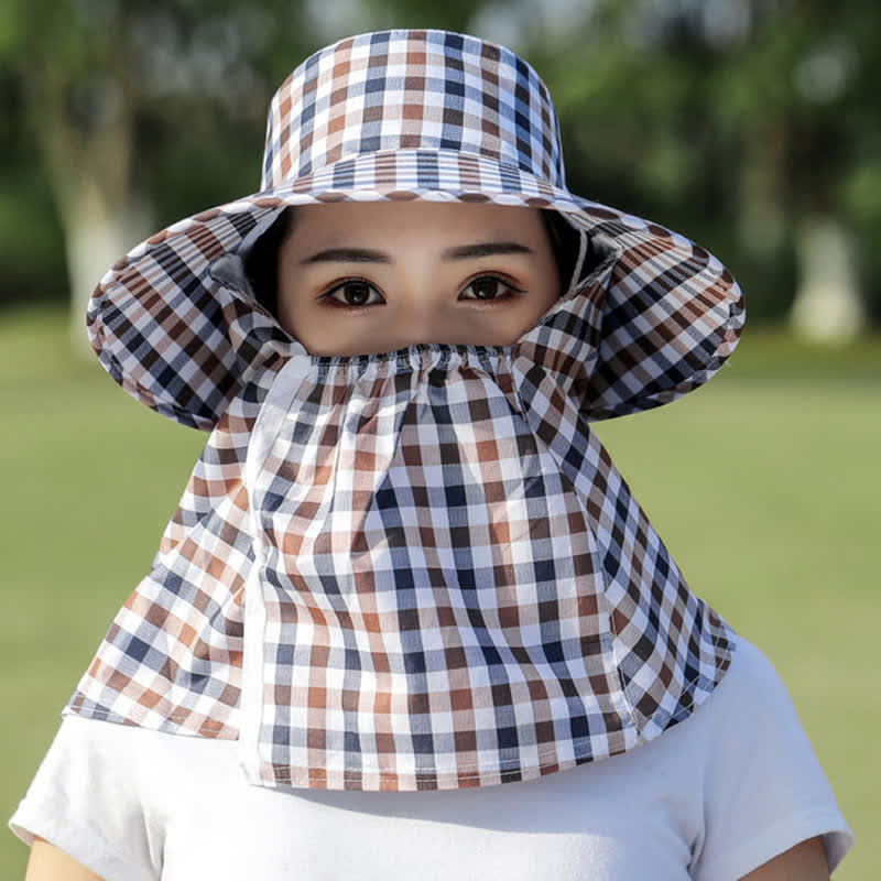 Mask Removable Plaid Pattern Sun Bucket Hat - Coffee - One Size - image 9