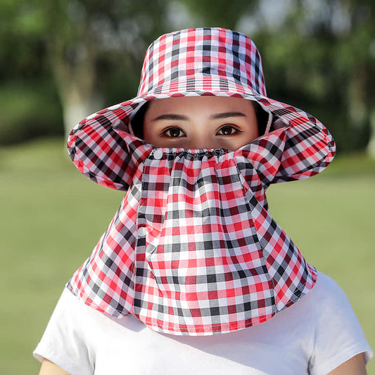 Mask Removable Plaid Pattern Sun Bucket Hat - Red - One Size - image 0