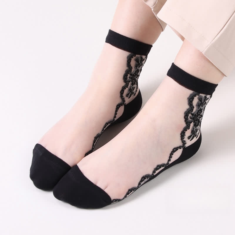 Floral Sheer Cotton Ankle Socks(8 Pairs) - Black&White - EU36-40(US3-7) - image 2
