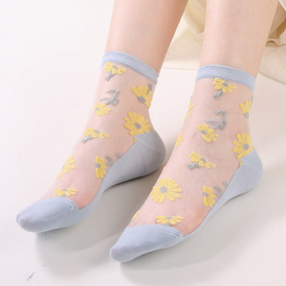 Ultra-thin Daisy Flower Sheer Ankle Socks(6 Pairs) - Light Blue - EU36-40(US3-7) - image 11
