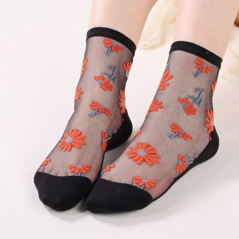 Ultra-thin Daisy Flower Sheer Ankle Socks(6 Pairs) - Black - EU36-40(US3-7) - image 8