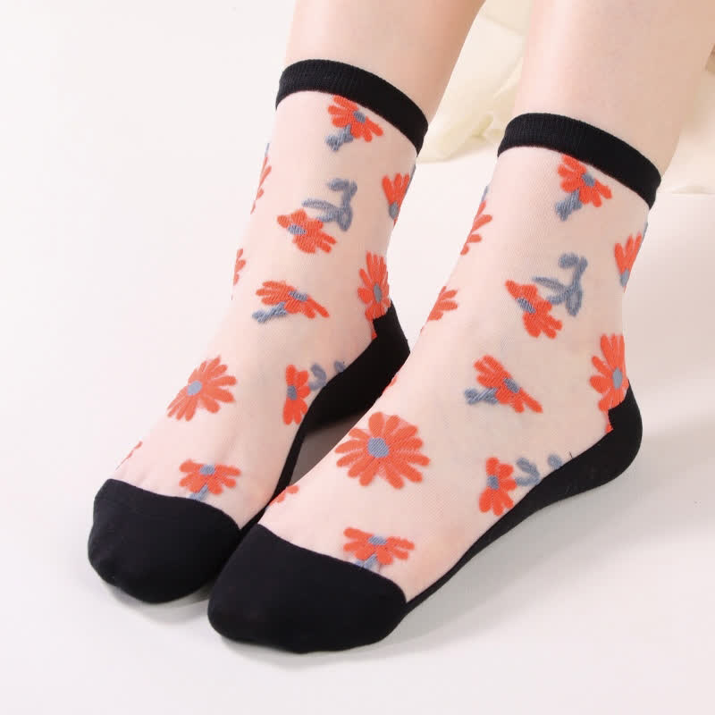 Ultra-thin Daisy Flower Sheer Ankle Socks(6 Pairs) - Black&White - EU36-40(US3-7) - image 6