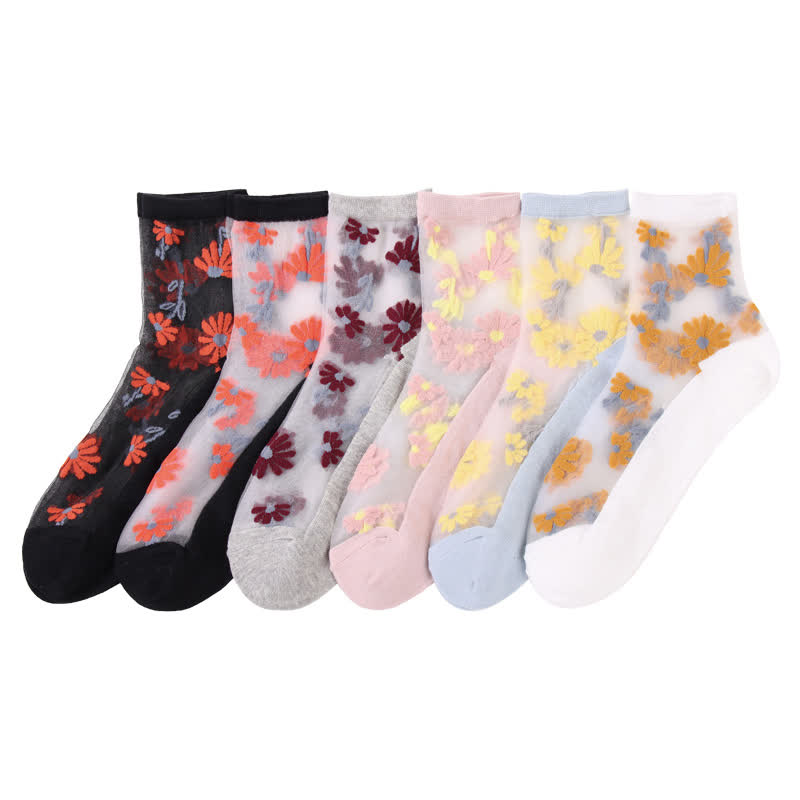 Ultra-thin Daisy Flower Sheer Ankle Socks(6 Pairs) - Multicolor - EU36-40(US3-7) - image 13