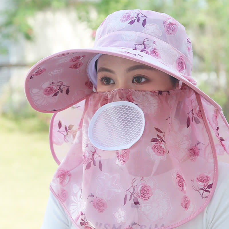 Rose Print Large Brim Shawl Mask Sun Hat - image 8