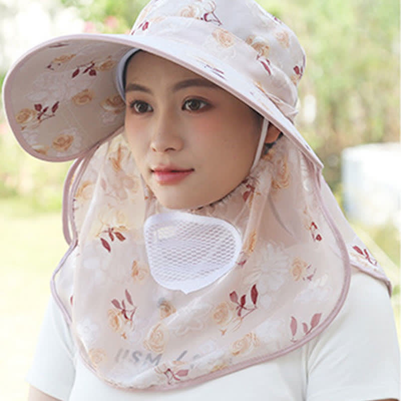 Rose Print Large Brim Shawl Mask Sun Hat - image 12