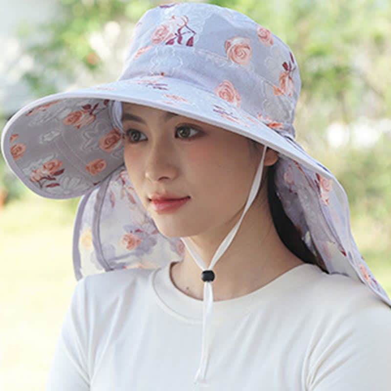 Rose Print Large Brim Shawl Mask Sun Hat - image 5