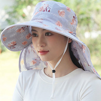 Rose Print Large Brim Shawl Mask Sun Hat - image 5