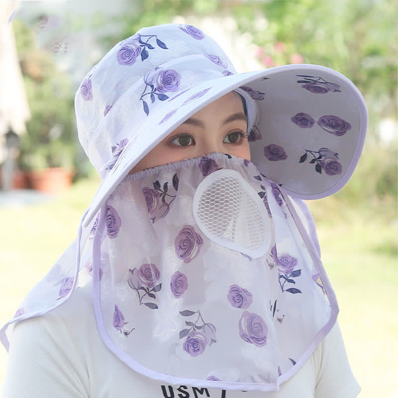 Rose Print Large Brim Shawl Mask Sun Hat - image 16