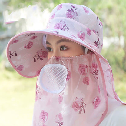 Rose Print Large Brim Shawl Mask Sun Hat - image 1