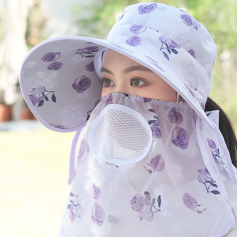 Rose Print Large Brim Shawl Mask Sun Hat - Purple - One Size - image 15