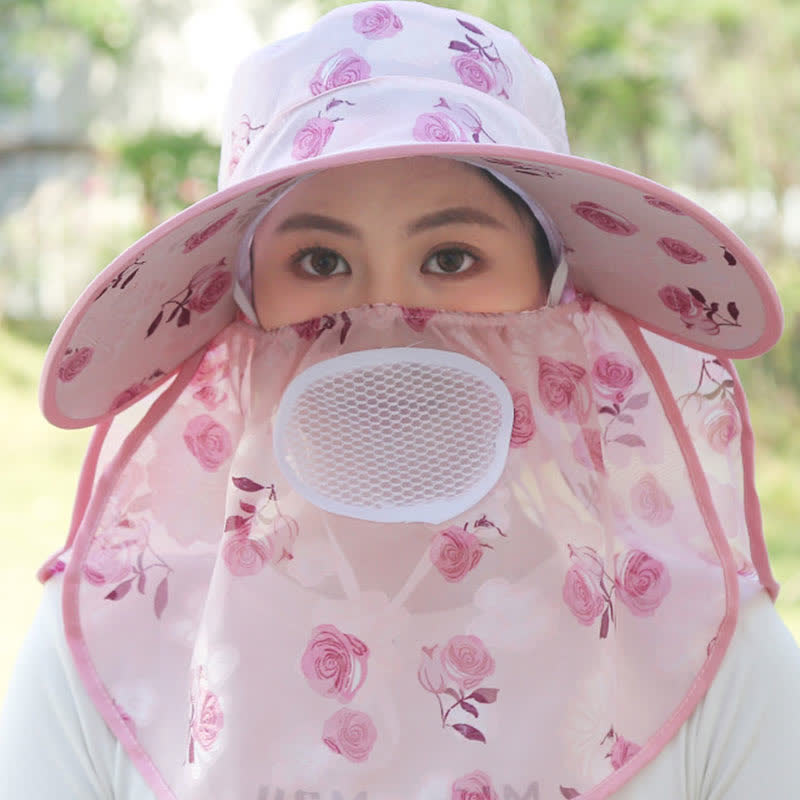 Rose Print Large Brim Shawl Mask Sun Hat - image 9